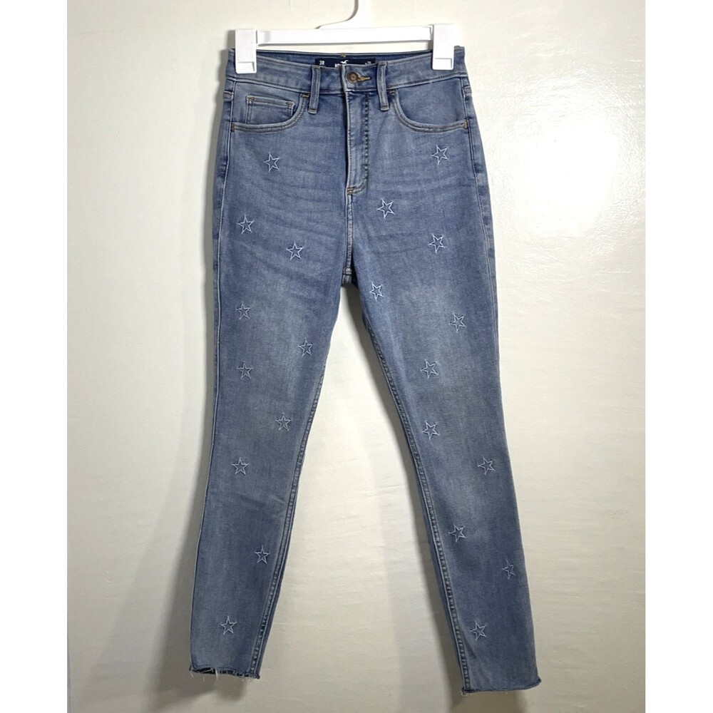 Hollister Women's Curvy High Rise Cropped Skinny Jeans Size 26 Stars Embroidery